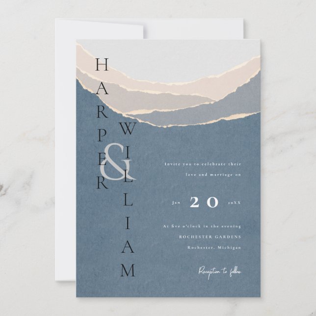 modern blue torn paper mountains wedding invitation (Front)