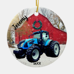  Modern Blue Tractor Christmas  Ceramic Tree Decoration