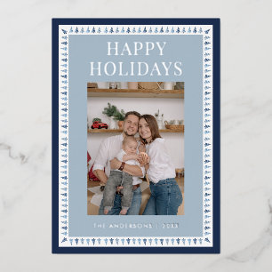Modern Blue Trees Happy Holidays Family Photo