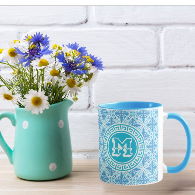 Modern Blue Trellis Print White Text Mug (Blue Trellis Print mug)