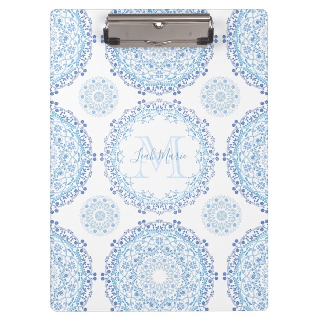 Modern Blue Trendy Chic Mandala Monogrammed Clipboard (Front)