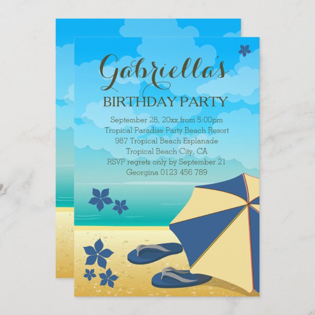 Modern Blue Tropical Beach Birthday Party Invitation (Front/Back)
