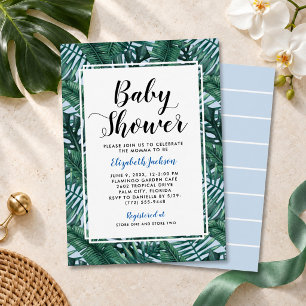Modern Blue Tropical Palm Leaves Baby Boy Shower Invitation