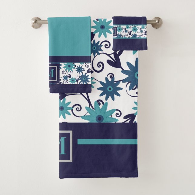 Modern Blue Turquoise Flower Monogram  Bath Towel Set (Insitu)