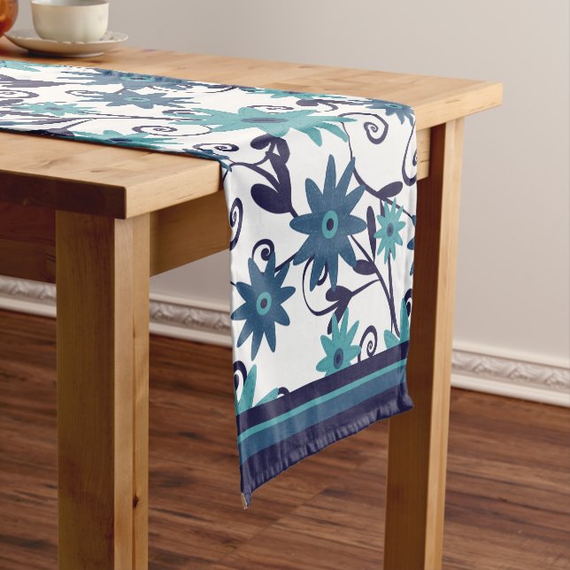 Modern blue turquoise white flower pattern short table runner (In Situ)