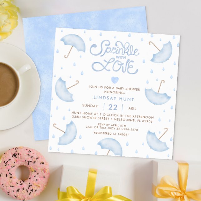Modern Blue Typography Baby Shower Invitation (Sprinkle of Love Baby Shower Theme)
