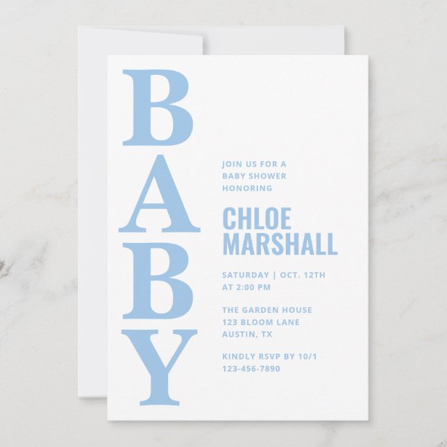 Modern Blue Typography Boy Baby Shower Invitation (Front)