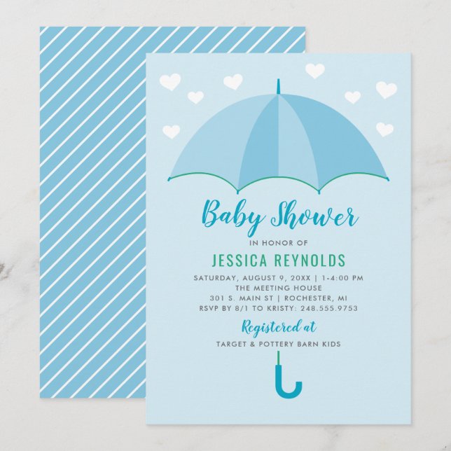 Modern Blue Umbrella Hearts Boy Baby Shower Invitation (Front/Back)