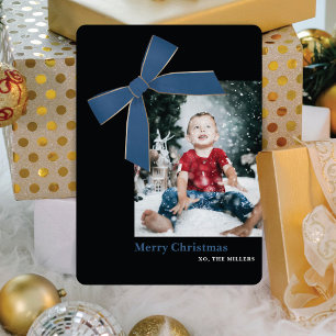 Modern Blue Velvet Bow Photo Christmas Card
