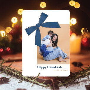 Modern Blue Velvet Bow Photo Hanukkah Card