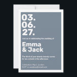 Modern Blue Vertical Date Wedding Invitation<br><div class="desc">This stylish wedding invitation features a bold vertical date design in crisp white on a slate blue background,  paired with modern typography for a sleek and contemporary look. Perfect for couples seeking a minimalist aesthetic with a graphic edge. Ideal for modern,  city,  or industrial-themed weddings.</div>