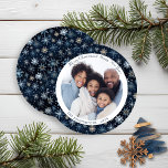 Modern Blue Vintage Snowflakes Christmas Photo Holiday Card<br><div class="desc">Capture the magic of winter with our elegant vintage-inspired snowflake Round Christmas card. Delicate snowflakes dance across a serene blue backdrop, creating a sense of calm and wonder. Add your favourite photo to personalise this timeless greeting. Whether you’re sending warm wishes to loved ones near or far, our elegant card...</div>