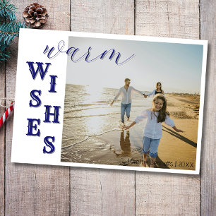 Modern Blue Warm Wishes Two Beach Family Photo Holiday Card