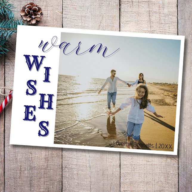 Modern Blue Warm Wishes Two Beach Family Photo Holiday Card (Creator Uploaded)