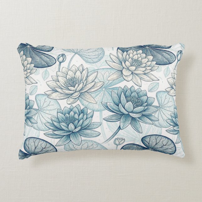 Modern Blue Water Lilies Monet Style Decorative Cushion (Front)