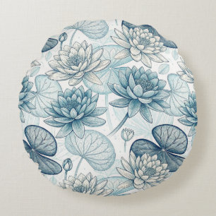 Modern Blue Water Lilies Monet Style Round Cushion