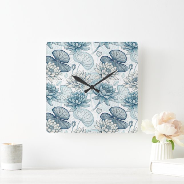 Modern Blue Water Lilies Monet Style Square Wall Clock (Home)