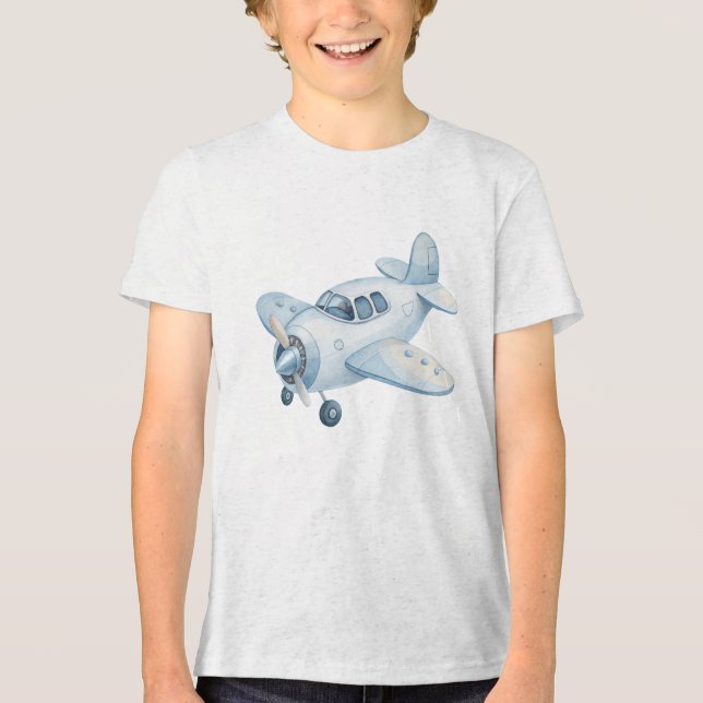 Modern Blue Watercolor Aeroplane Propeller Plane  Tri-Blend Shirt (Front)