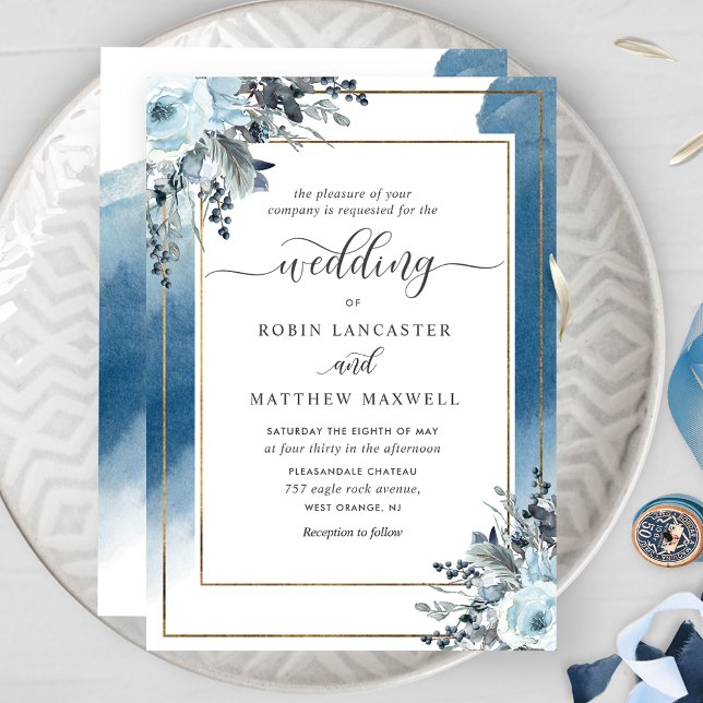 Modern Blue Watercolor and Blue Floral Wedding Invitation (Creator Uploaded)