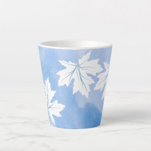 Modern blue watercolor and white maple leaves latte mug
