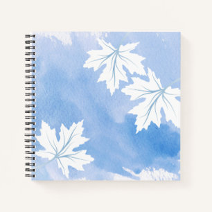 Modern blue watercolor and white maple leaves notebook