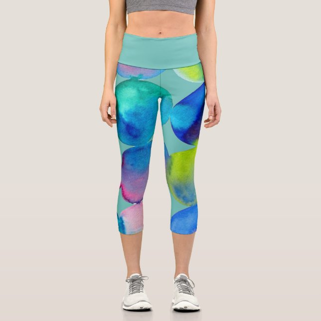 Modern blue watercolor arty colourful funky art capri leggings (Front)