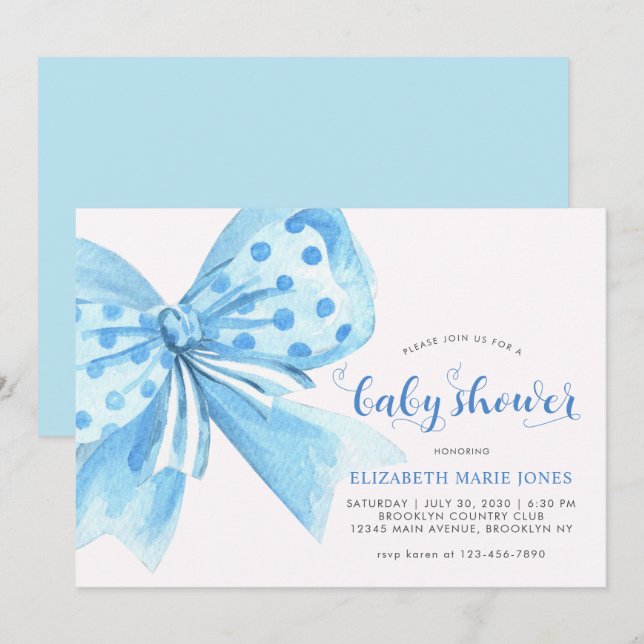 Modern Blue Watercolor Bow Ribbon Boy Baby Shower Invitation (Front/Back)