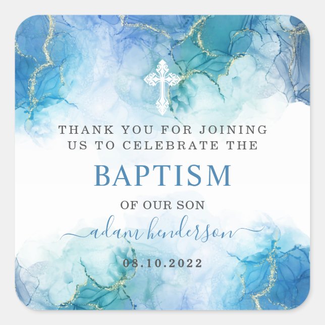 Modern Blue Watercolor Boy Baptism Thank You Square Sticker (Front)