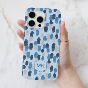 Modern Blue Watercolor Dot Pattern Monogram iPhone 15 Pro Max Case
