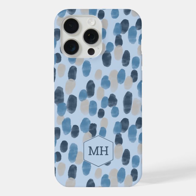 Modern Blue Watercolor Dot Pattern Monogram  iPhone Case (Back)