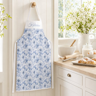 Modern Blue Watercolor Floral Pattern Apron