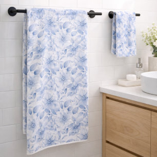 Modern Blue Watercolor Floral Pattern Bath Towel Set