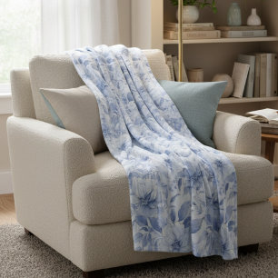 Modern Blue Watercolor Floral Pattern Fleece Blanket