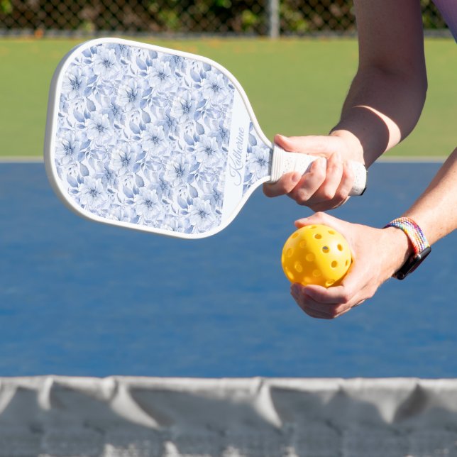 Modern Blue Watercolor Floral Pattern Name Pickleball Paddle (Insitu)