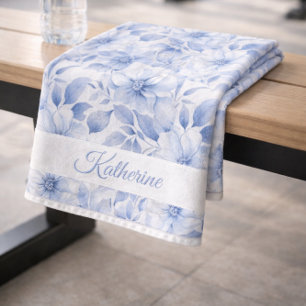 Modern Blue Watercolor Floral Pattern Name Sports Hand Towel
