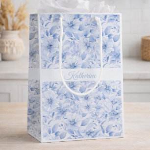 Modern Blue Watercolor Floral Pattern Name Sports Medium Gift Bag