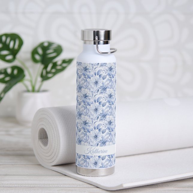 Modern Blue Watercolor Floral Pattern Name Water Bottle (Yoga (Rotated))