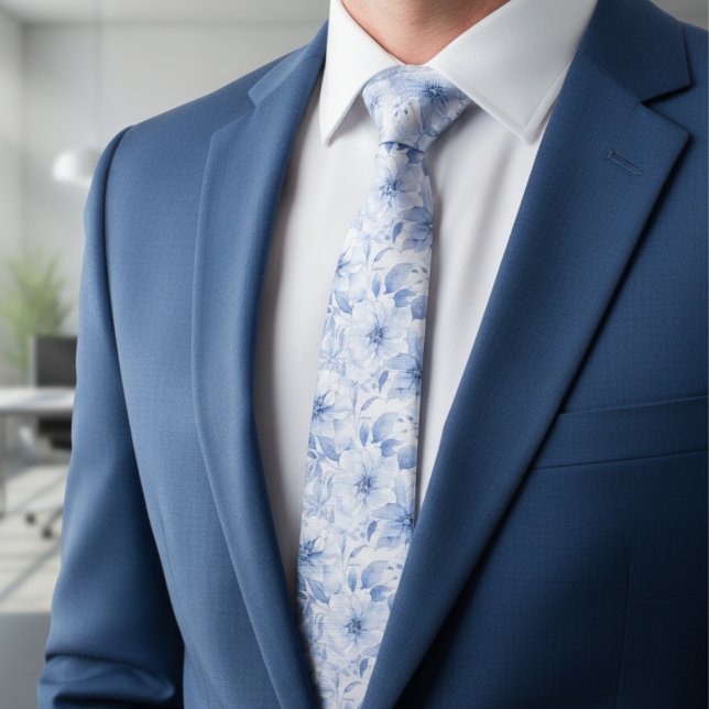 Modern Blue Watercolor Floral Pattern Tie (Creator Uploaded)