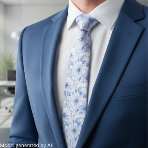 Modern Blue Watercolor Floral Pattern Tie