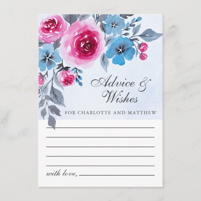 Modern Blue Watercolor Floral Wedding Advice Card (Front)