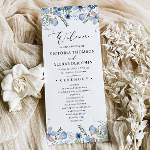 Modern Blue Watercolor Floral Wedding  Programme
