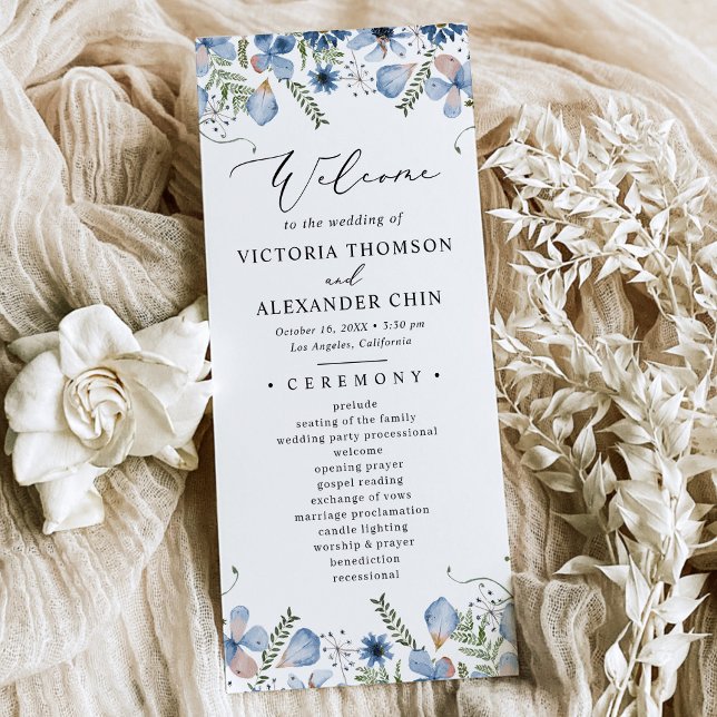 Modern Blue Watercolor Floral Wedding  Programme (Creator Uploaded)