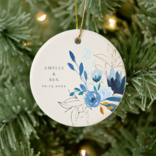 Modern Blue Watercolor Flower Personalised Wedding Ceramic Tree Decoration