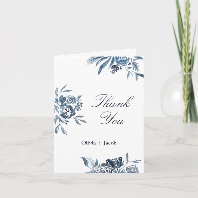 Modern Blue Watercolor Flower Wedding Thank You Card (Front)