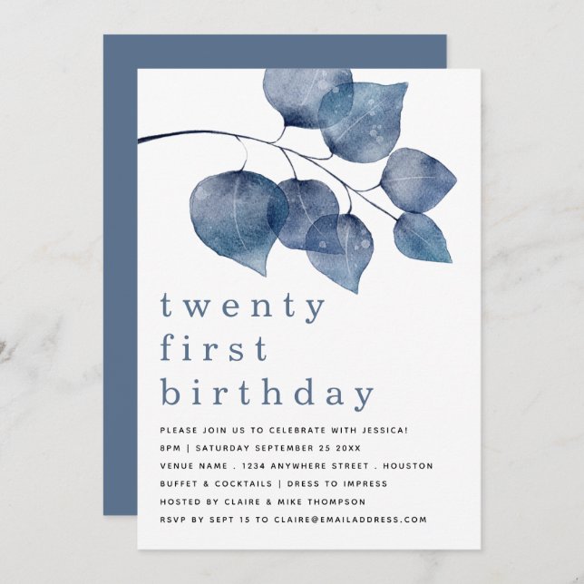 Modern Blue Watercolor Foliage Twenty First Invitation (Front/Back)