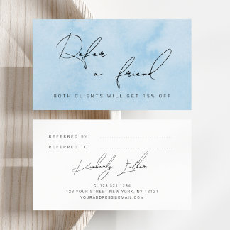 Modern blue watercolor makeup & hair referral card