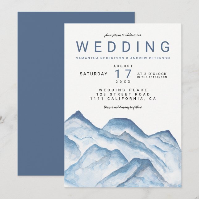 Modern blue watercolor mountains wedding invitation (Front/Back)