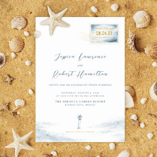 Modern Blue Watercolor Stamp Wedding Invitation