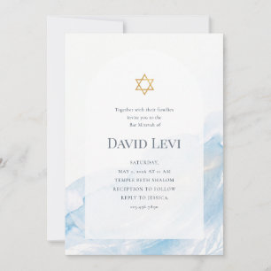 Modern Blue Watercolor Star of David Bar Mitzvah Invitation