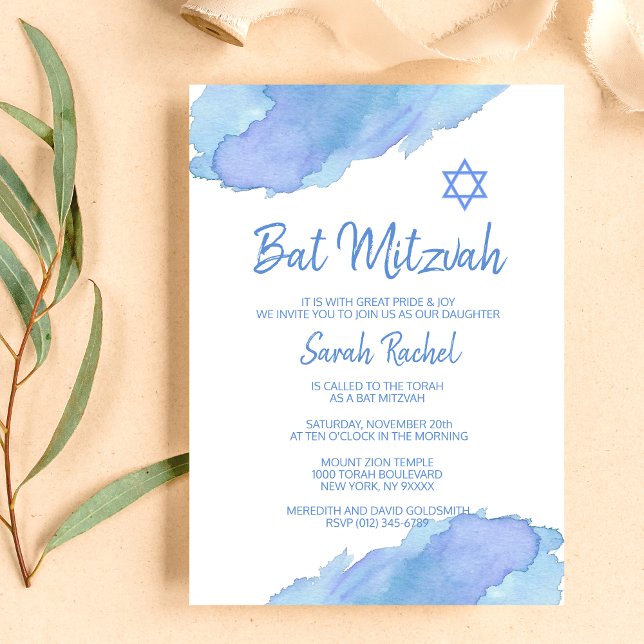 Modern Blue Watercolor Star of David BAT MITZVAH Invitation (Creator Uploaded)